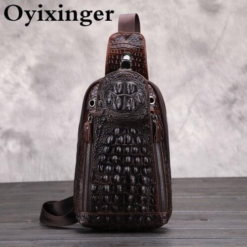 Oyixinger Mens Chest Bag Genuine Leather Crocodile Bag Retro Crazy Horse Cowhide Messenger Bag Travel Crossbody Bags For Male
