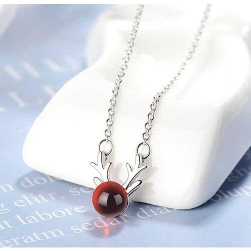 Sweet Style Silver Color Elk Deer Antlers Necklace Round Red Garnet Pendant Necklaces For Women Girls Christmas Gifts