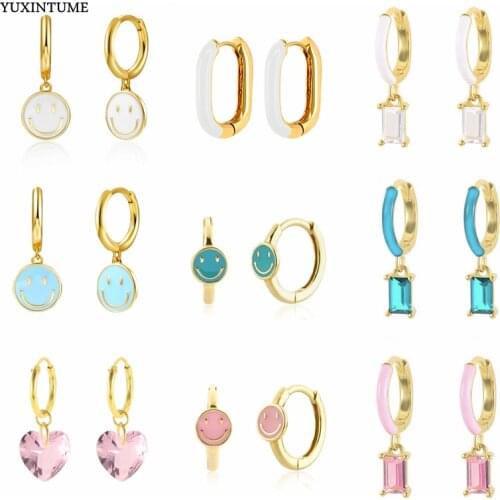 925 Silver Ear Buckle Gold Five Colorful Enamel Happy Face Smiley Hoop Pendant Earring Wedding Luxury Fashion Jewelry For Women