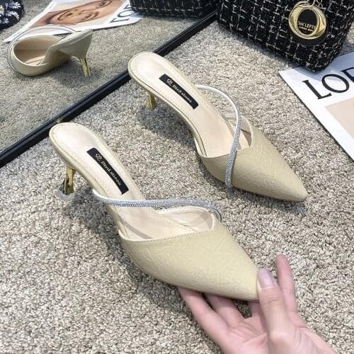 Crystal Bling Outdoor Slides Fashion Shoes Summer Slipper Women Shoes Woman Mules Pointed Cover Toe High Heels Elegant Slippers