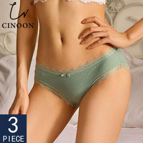 CINOON 3pcs Sexy Lace Panties Womens Cotton Underwear Seamless Cute Bow Briefs Soft Comfort Lingerie Female Sexy Underpants