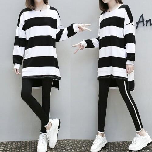 Spring Autumn stripes tracksuit for women casual big size 2 piece set sporting clothes top and pant M-4XL