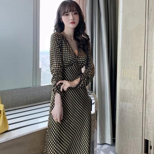 2020 Print V-neck Full Sleeve Vintage Chiffon Dress Autumn High End Women Dress Sexy Party Bandage Bodycon Dresses Vestidos