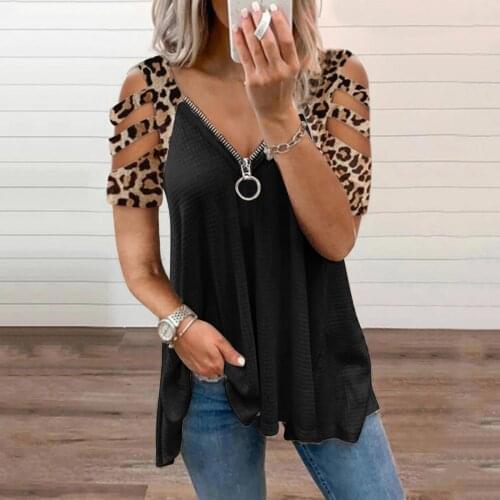 40#Zipper Leopard Print Blouse Womens Sexy Hollow Out V-neck Collar Color Short Sleeve Fold Casual Blouse Summer Elegant Tops