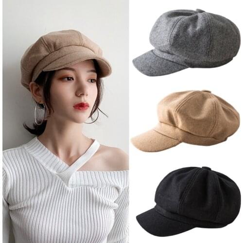 Women Wool Cotton Blend Berets Winter Autumn Octagonal Beret Caps Stylish Artist Painter Newsboy Hats Black Grey Beret Hats