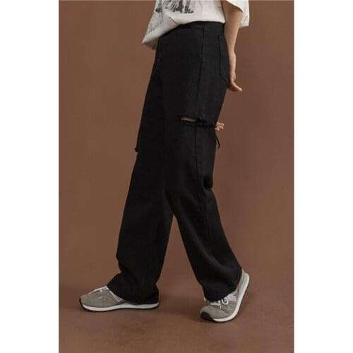 2021 New Women Ripped Spring Streetwear Harajuku High Waist Denim Trouser Casual Vintage Baggy Versatile Straight Long Pants