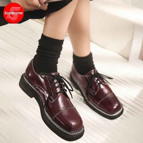 Superone Women Real Leather Flats Square Toe Cross Strap Shoes Solid Color Classic School Style Ladies Footwear Size 34-40