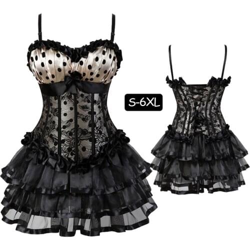Womens Vintage Dot Ruffles Zipper Boned Corsets Waist Cinching Corset Bustier With Skirts Gothic dress Plus size Corselet Set