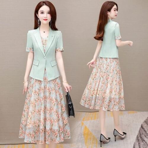 Dress Suits Summer Two Piece Sets Women Dress+Blazer Casual Loose Elegant Short Sleeve Printing Chiffon Dresses Suit Coat X348