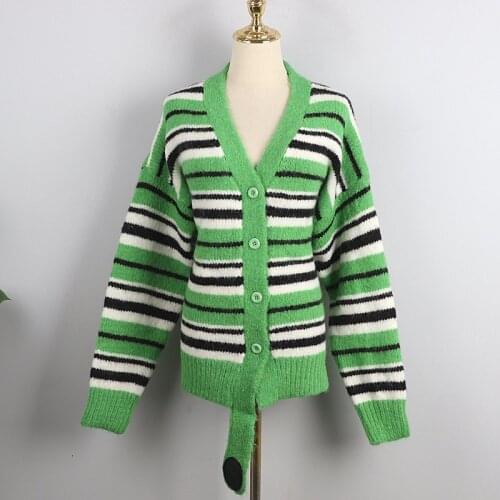 Sweater Cardigan Green Striped Women Winter 2021 Fashion Loose Casual V-Neck Single Breasted Knitted Outwear High Street Coats