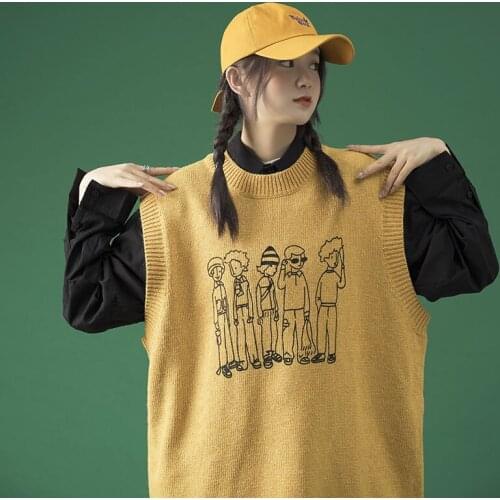 Spring New Design Cartoon Person Women Winter Sweaters Sleeveless Femme Knit Vest Pullover V Neck Loose Oversized Sweater Vest