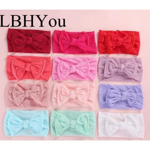 12pcs/lot Newborn Girls Pompom Trim Nylon Headbands Fashion Girls Wide Nylon Head Band Kids Hair Accessories