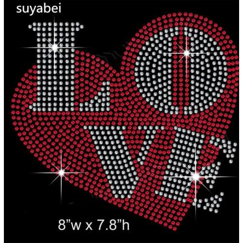 2pc/lot Love heart design stones sticker hot fix motif iron on crystal transfers design iron on rhinestone patch appliques