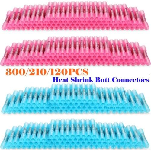 300/210/120PCS AWG22-10 Seal Heat Shrink Electrical Splice Cable Crimp Butt Terminals Wire Connectors Assortment Waterproof
