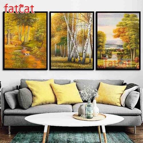 FATCAT Autumn forest scenery diy 5d diamond painting full square round drill mosaic embroidery sale triptych kits decor AE2588