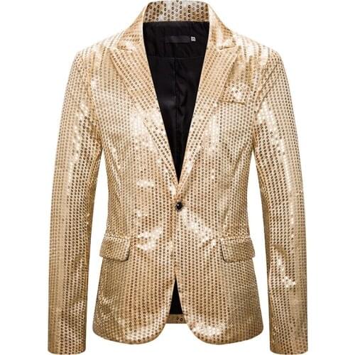 Shiny Gold Sequin Glitter One Button Blazer Jacket Men Nightclub Prom Suit Blazer Men Costume Homme Stage Singers Blazers Male