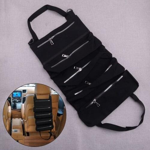 Black Multi-Purpose Tool Roll Up Storage Bag Wrench Organizer Seat Hanging Pouch Fit for All Car Universal
