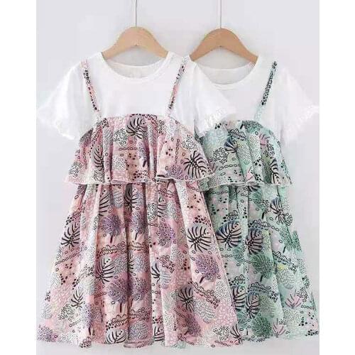 Kids Summer Clothing for Girls Dress 2021 Cotton Baby Short Sleeve Splicel Vestidos Flower Printed Children Dresses