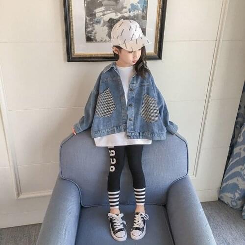Girl denim coats autumn loose style Kids Clothes Children Long Sleeve Coat fashion pockets Girls jackets
