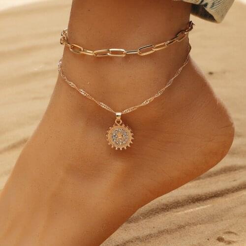 European and American Creative Letter A Round Pendant Double Layer Anklet Fashion Alloy Couple Beach Chain Women Style Anklet