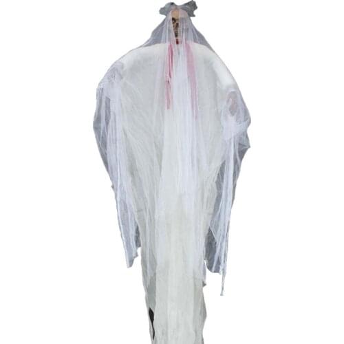 Halloween Hanging Flying White Ghost Bride with LED Glowing Eyes Creepy Scary Skeleton Skull Haunted House Home Decor