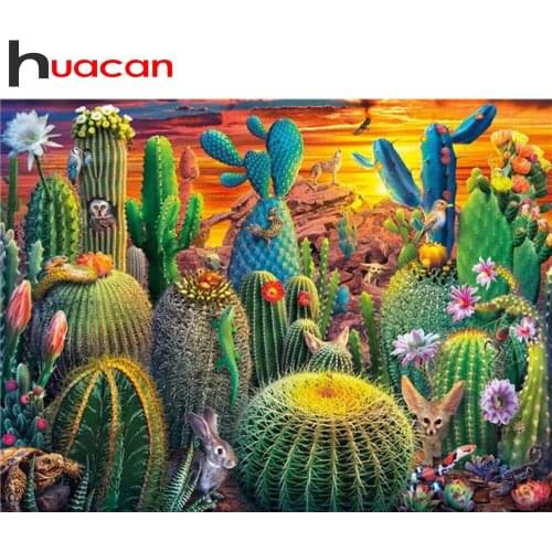Huacan 5d DIY Mosaic Diamond Painting Full Square Cactus Sunset Diamond Embroidery Set Flower Desert Animal Rhinestone Picture