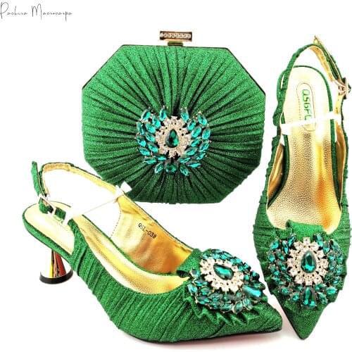 Italian Design 2021 Nigerian Hot Selling Green Color Party Wedding Elegant Women Shoes and Bag Set Decoration With Rhinestone