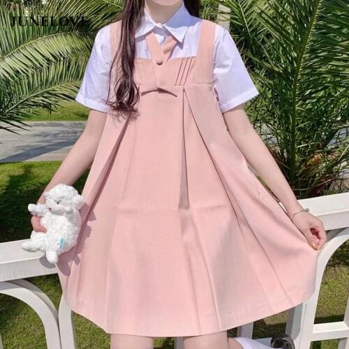 JuneLove Summer 2 Pieces Pink Japanese Students Girl JK Dress Mini Pleated Pinafore Dress School Lady Vintage Boho Sets Vestidos