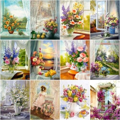 CHENISTORY Frame DIY Painting By Numbers Window Flower Drawing Coloring By Numbers Modern Wall Art Picutre Handmade Artwork