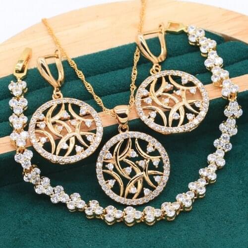 Classic Gold Colored Jewelry Set For Women Bride White Crystal Bracelet Earrings Necklace Pendant Wedding Jewelry Gift 3PCS