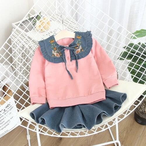 Flower Embroidery Baby Girls Clothes Suit 3 Years To 7 Years Fashion Denim Skirt 2pcs Spring Autumn Childrens Clothing Set