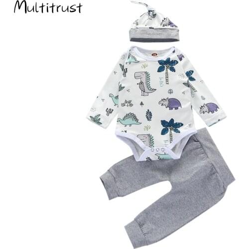 Newborn Baby Boy Clothes Long Sleeve Dinosaur Romper Bodysuit Top + Long Pants + Hat 3 Pieces Outfits Set