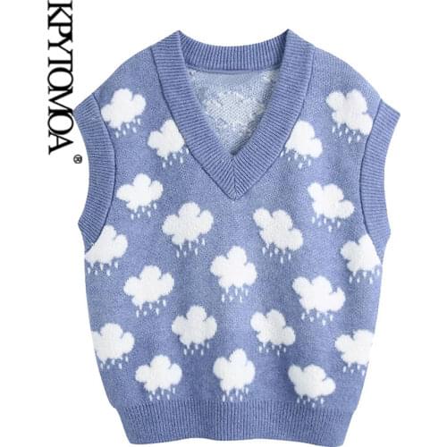 KPYTOMOA Women 2021 Fashion Jacquard Loose Knitted Vest Sweater Vintage V Neck Sleeveless Female Waistcoat Chic Tops