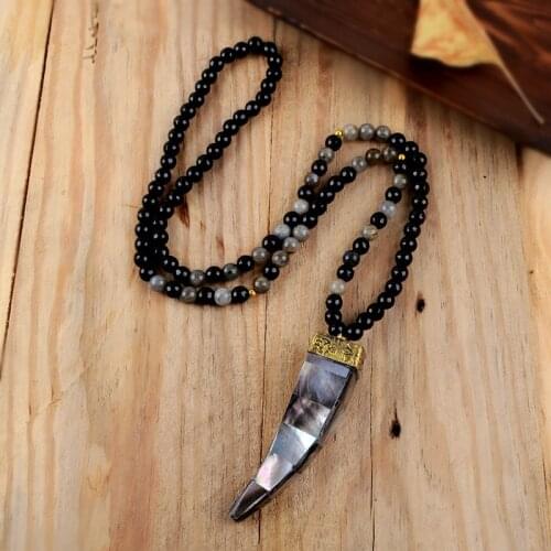 Black Shell Pendant Necklace Natural Shell Horn Beaded Necklace 8mm Labradorite Black Agates 32inch Women Necklace Dropshipping
