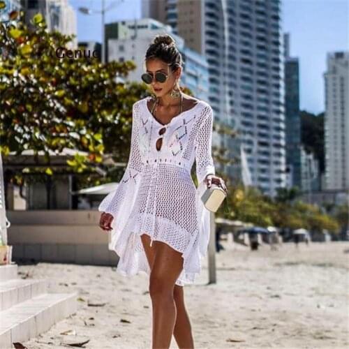 Sexy Crochet Knitted Beach Cover Up Tassel Tie Beachwear Tunic Long Pareos Summer Swimsuit See-Through Beach Dress Bikini