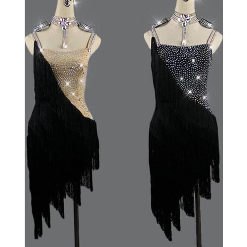 Latin Dance Dress Shiny Rhinestone Black Tassel Competition Dresses Women Tango Salsa Cha Cha Rumba Samba Dancewear DNV11766