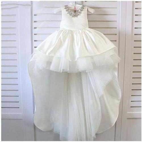 Flower Girl Dresses High Low Scoop Floor Length Satin Tulle Kids Wedding Party Dresses Children First Birthday Gown