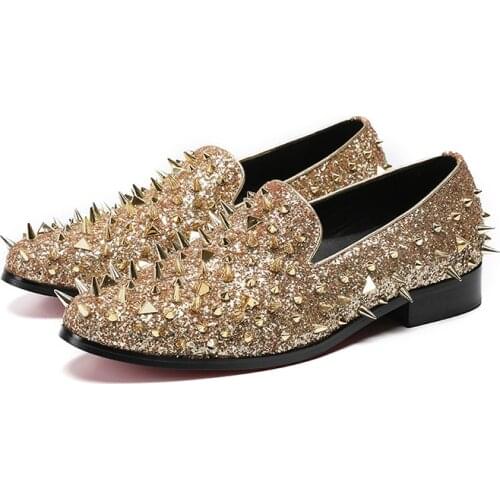 Luxury Gold Spiked Loafers Shoes Super Stars Glitter Sequins Banque Wedding Shoes Slip On Rivets Men Shoes Male Sapato Social