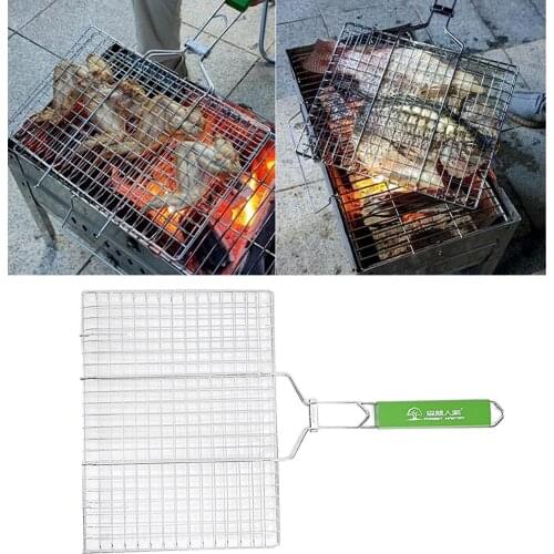 Stainless Steel Fish Grilling Basket Non-stick BBQ Net Wooden Handle Meat Fish Chicken Clip Holder Outdoor Camping Picnic Tool