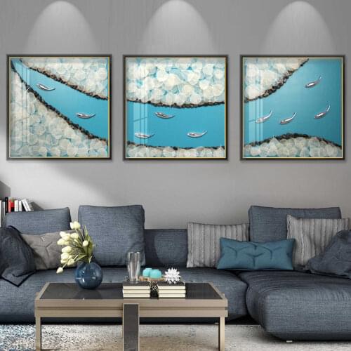 Modern Minimalist Sofa Background Wall Decoration Painting Combination Hanging Painting Nordic Light Luxury Style Blue Nine Fish