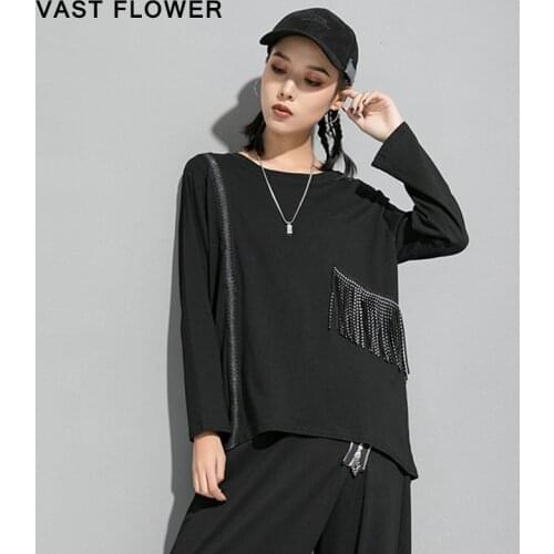 Women Black Patchwork Plus Szie Tshirt Long Sleeve O-Neck Loose Casual Clothes Tee Shirt Femme Tops Fashion Spring Autumn 2021