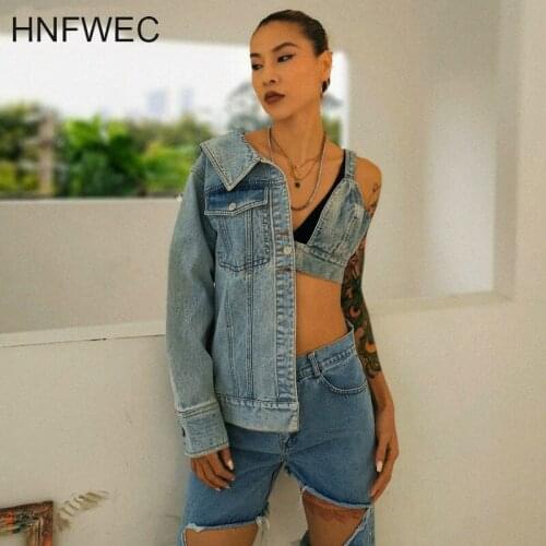 Loose Fit Blue Split Joint Asymmetrical Denim Jacket New Lapel Long Sleeve Women Coat Fashion Tide Spring 2020 T285