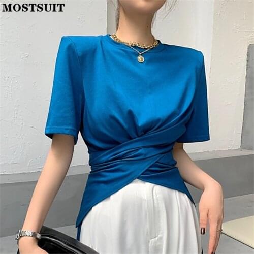 Padded Shoulder Stylish T Shirt Women Summer Short Sleeve O-neck Criss-cross Tees Tops Korean Fashion High Street Female T-shirt
