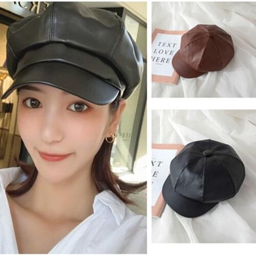 2020 PU Artificial Leather Octagonal Hat for Women Autumn Winter Warm Solid Newsboy Cap Plain Octagonal Beret Hat Painter Cap