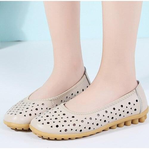 Tilocow Hollow Out Genuine Leather Womens Flats For Women Summer Breathable Soft Bottom Shoes Woman Slip-On Sports Footwear