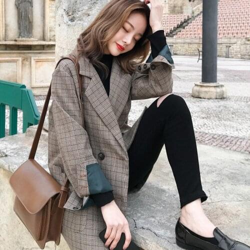 Spring Autumn Vintage Double Breasted Office Ladies Plaid Blazer Long Sleeve Loose Retro Suits Coat Jacket Women blazers Female