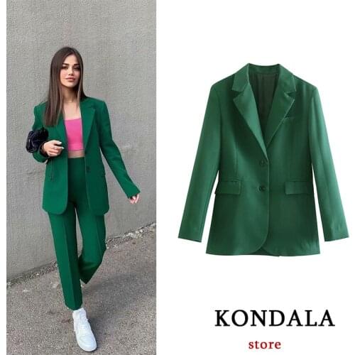 KONDALA Za Fashion 2021 Vintage Women Blazer Office Lady Green Jackets V-Neck Elegant Oversized Solid Coats Mujer Outwear