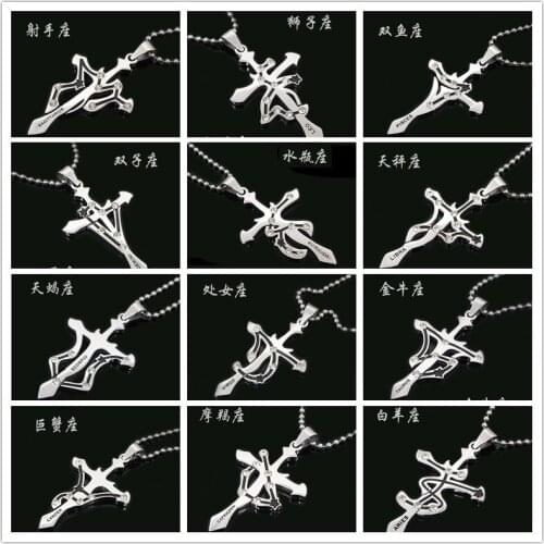 10 Imitatio Stainless Steel 12 Constellation Cross Religious Sign pendant Necklace Zircon Zodiac Jesus Cross Necklace Jewelry