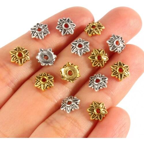 100pc Tibetan Antique Silver Color Gold Flower Metal Spacer Beads End Caps for Jewelry Making Diy Needlework Finding Accessories