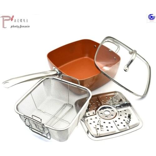 4Pcs Nonstick Copper plating Square Pan Induction Chef W/Glass Lid Fry Basket Steam Rack 9.5 Inches Kitchen Cookware Set
